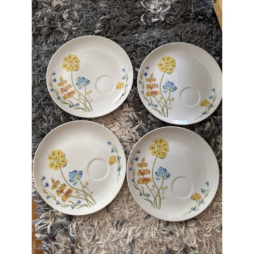 4 Seymour Mann Floral Plate and Mug Set: Blue & Yellow Kitchenware 1976